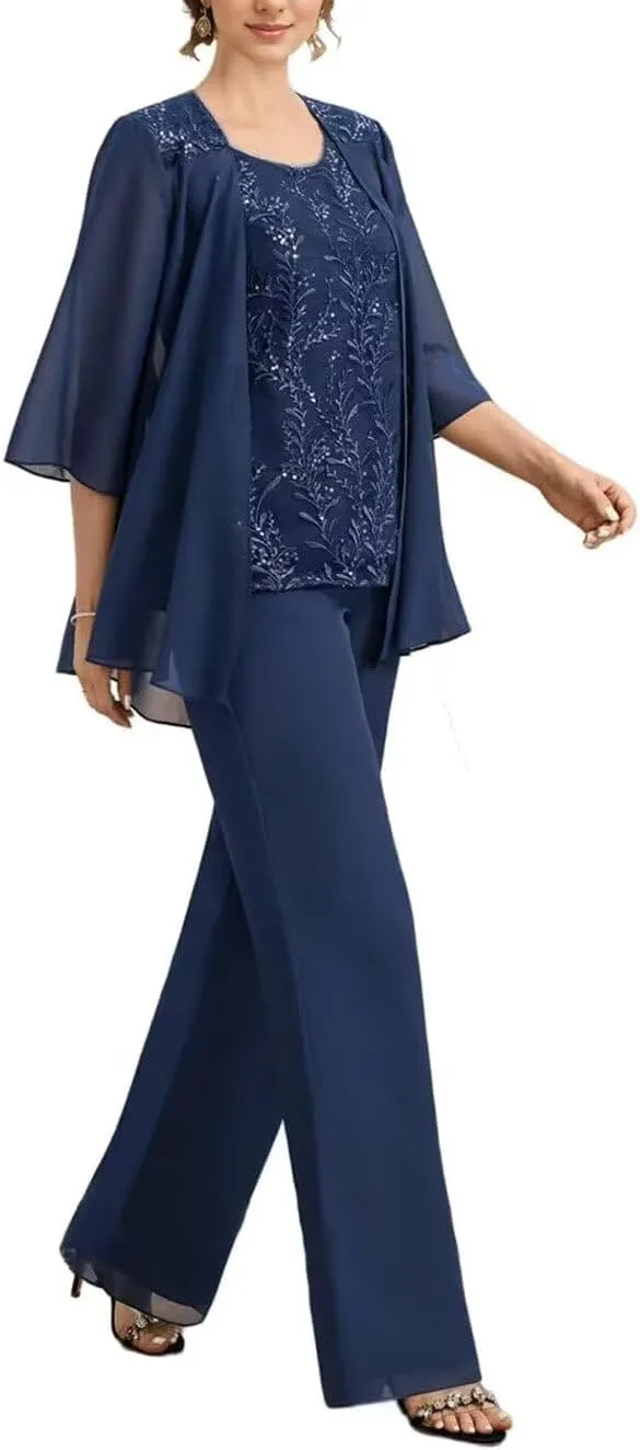3 Pieces Mother of The Bride Pantsuits for Wedding Long Chiffon Lace Formal Outfits for Women 2024 with Jacket