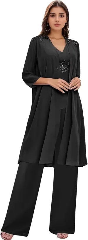 3 Pieces Mother of The Bride Pantsuits for Wedding Long Sleeve Chiffon Lace Formal Outfits for Women with Jackets