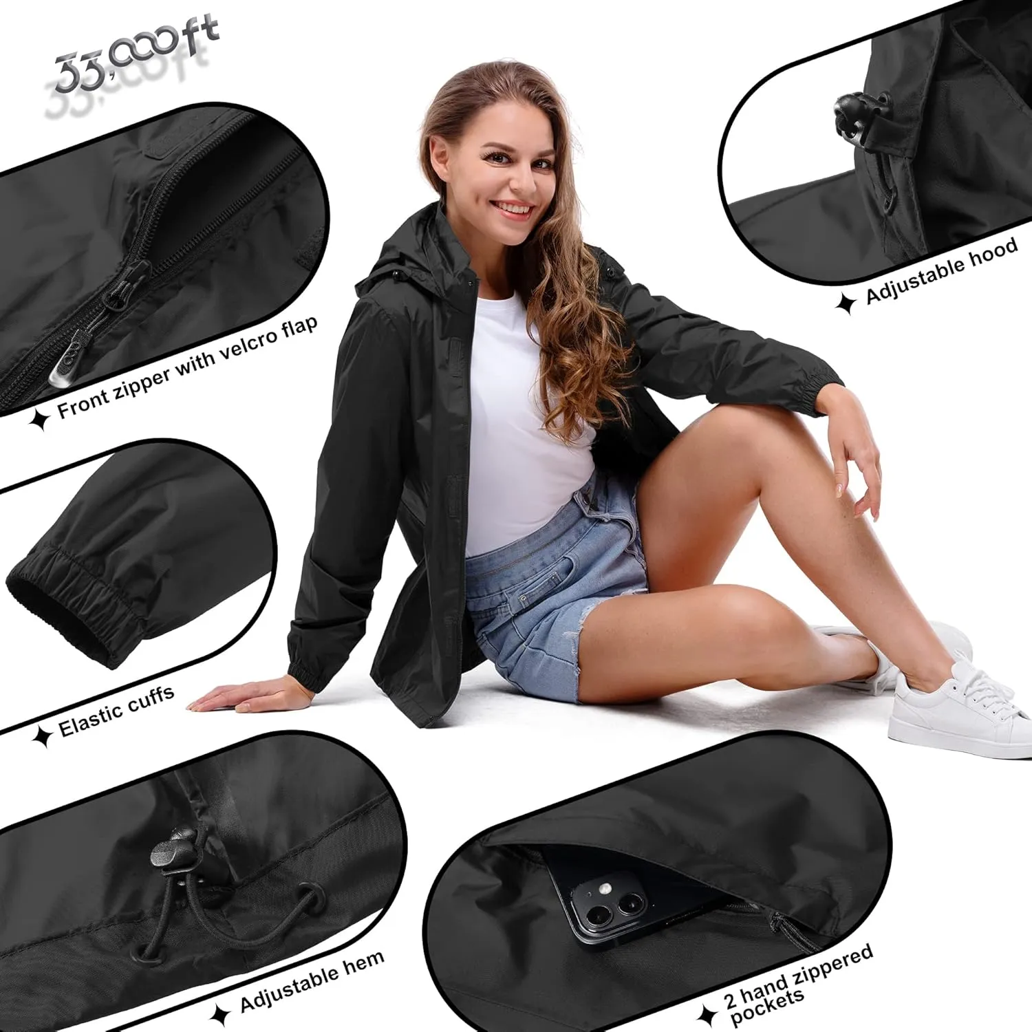 33,000ft Women's Rain Jacket Waterproof Lightweight Packable Raincoat with Hood for Golf Hiking Travel Windbreaker