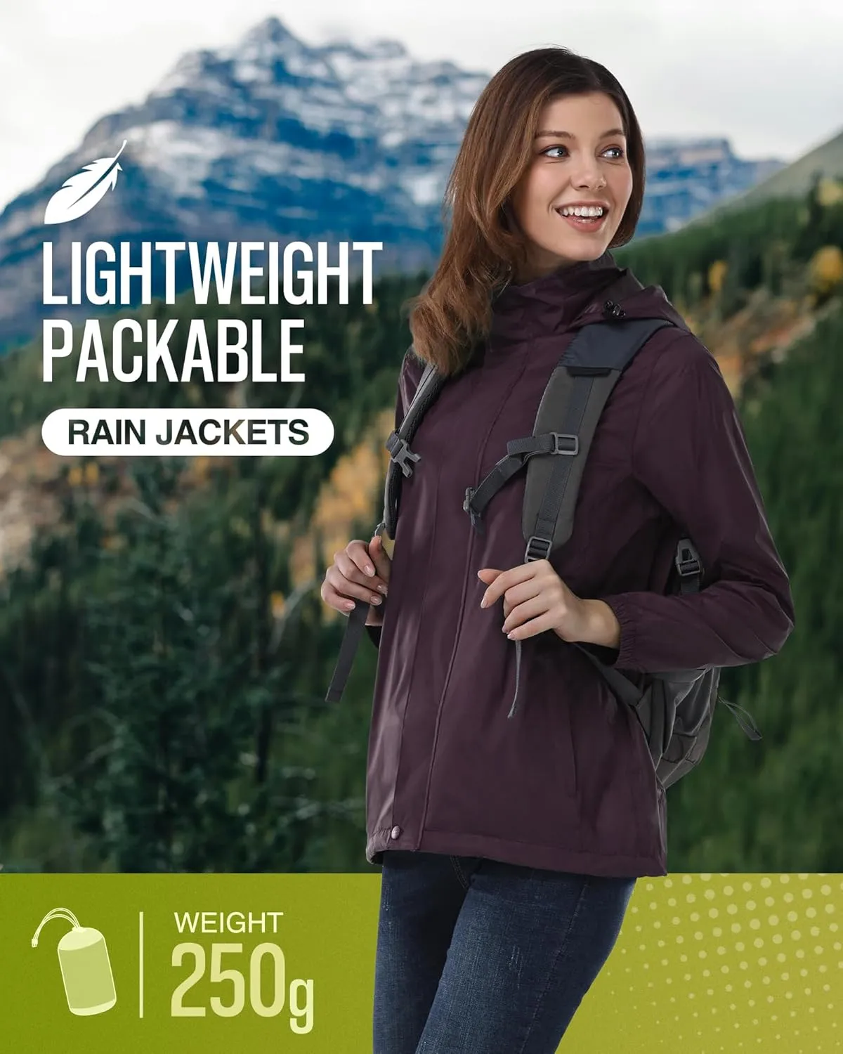 33,000ft Women's Rain Jacket Waterproof Lightweight Packable Raincoat with Hood for Golf Hiking Travel Windbreaker