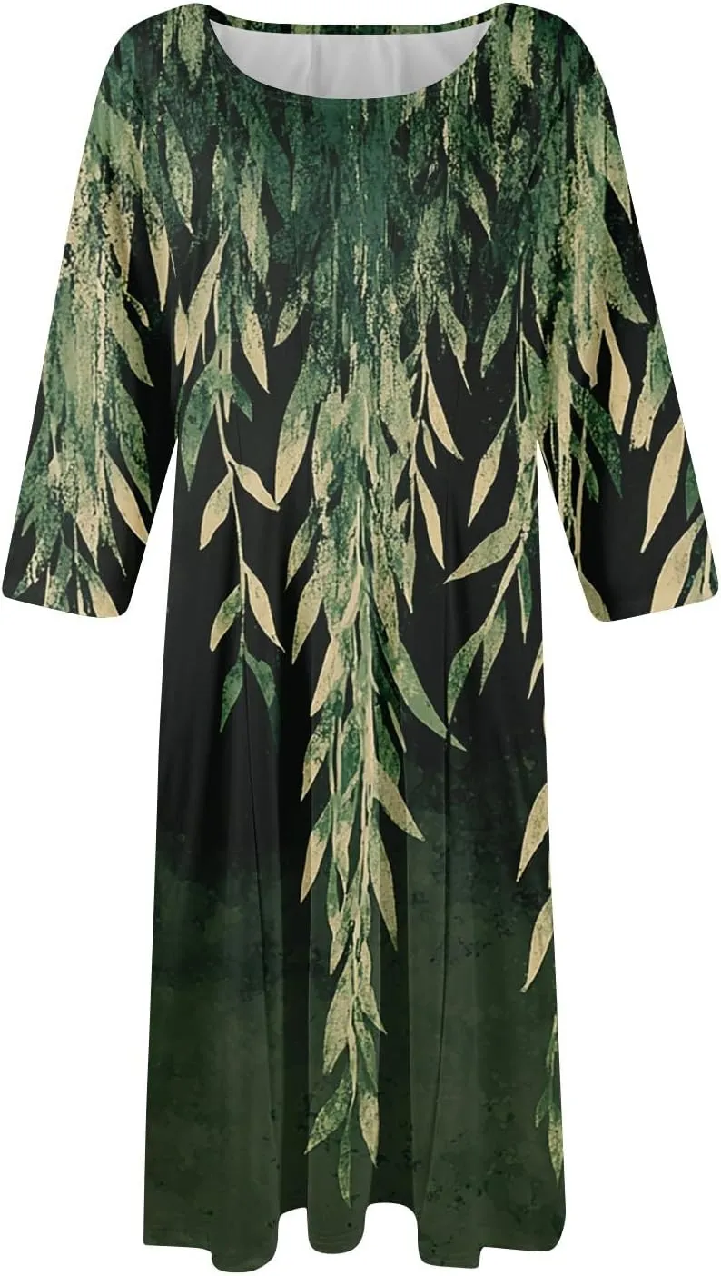3/4 Sleeve Midi Dress for Women Spring Fashion Outdoor Floral Crewneck Dresses 2025 Casual