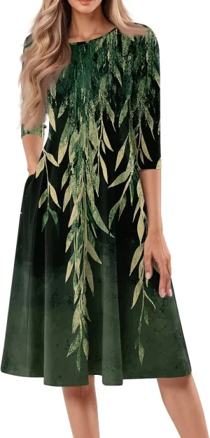 3/4 Sleeve Midi Dress for Women Spring Fashion Outdoor Floral Crewneck Dresses 2025 Casual