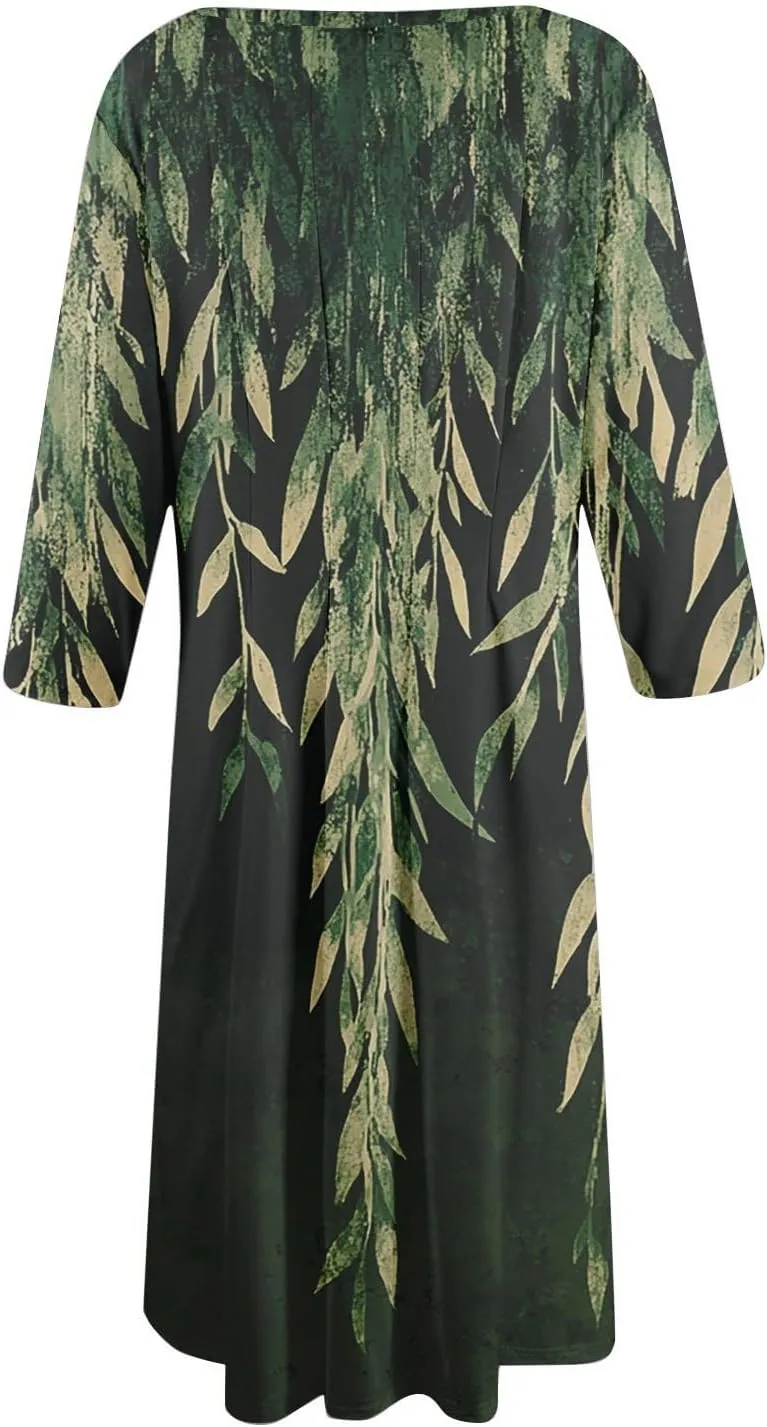 3/4 Sleeve Midi Dress for Women Spring Fashion Outdoor Floral Crewneck Dresses 2025 Casual