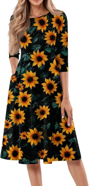 3/4 Sleeve Midi Dress for Women Spring Fashion Outdoor Floral Crewneck Dresses 2025 Casual