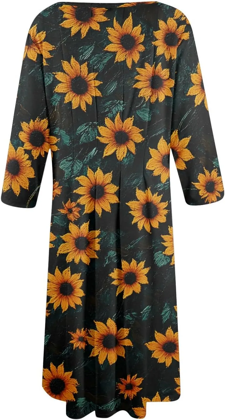 3/4 Sleeve Midi Dress for Women Spring Fashion Outdoor Floral Crewneck Dresses 2025 Casual