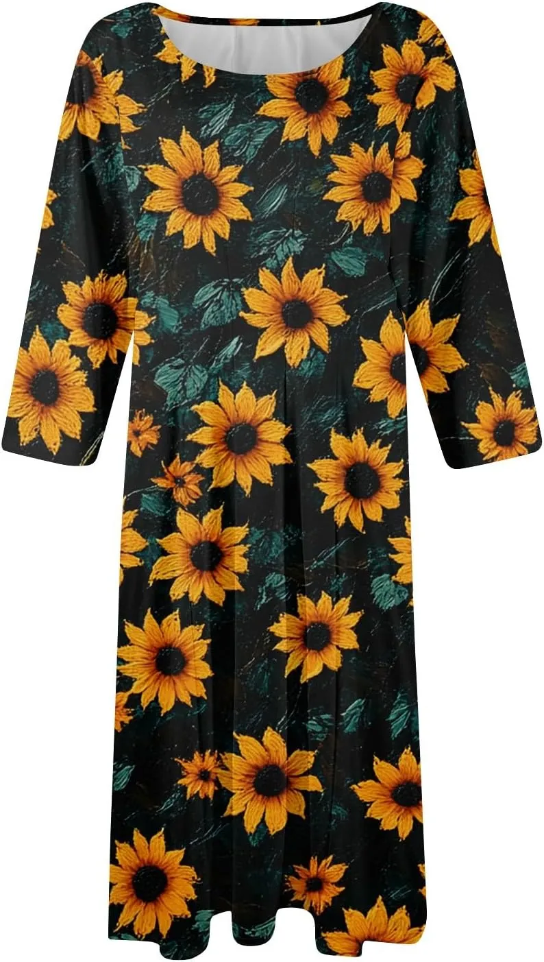 3/4 Sleeve Midi Dress for Women Spring Fashion Outdoor Floral Crewneck Dresses 2025 Casual