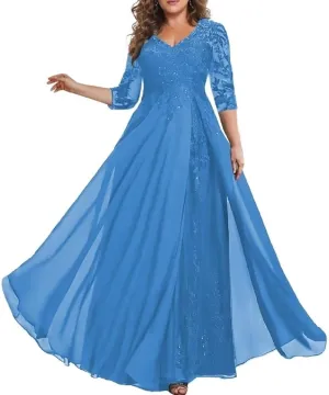 3/4 Sleeve Mother of The Bride Dresses for Wedding Chiffon Lace V-Neck Long Formal Evening Gowns