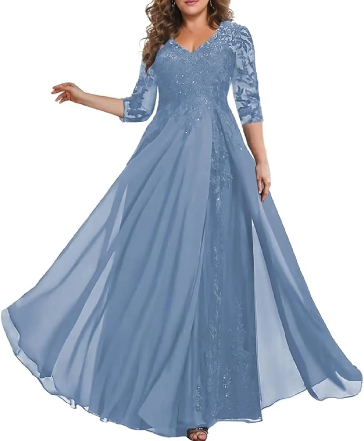 3/4 Sleeve Mother of The Bride Dresses for Wedding Chiffon Lace V-Neck Long Formal Evening Gowns