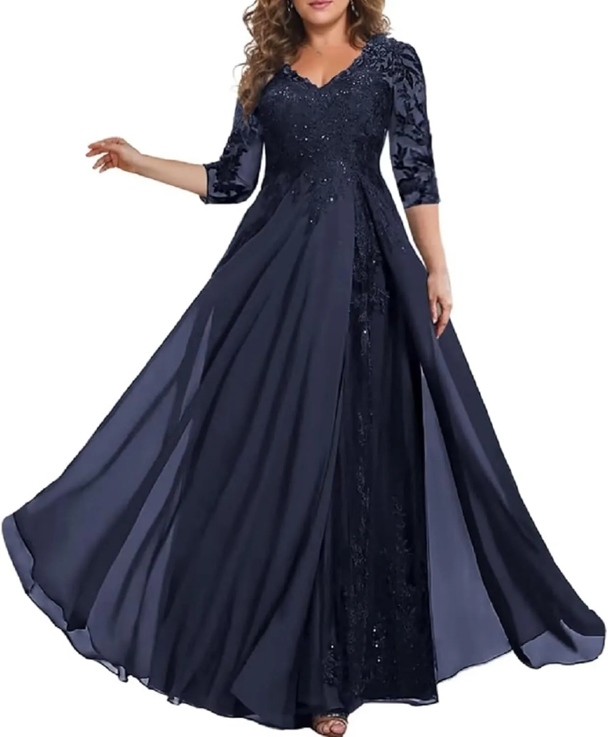 3/4 Sleeve Mother of The Bride Dresses for Wedding Chiffon Lace V-Neck Long Formal Evening Gowns