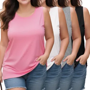4 Pack Women's Cotton Plus Size Tank Tops, Scoop Neck Sleeveless Shirts Casual Summer Ladies Basic T-Shirts Tee