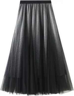 A Line Swing Midi Skirt for Women, Gradient Color Ruffles Pleated Tulle Skirts