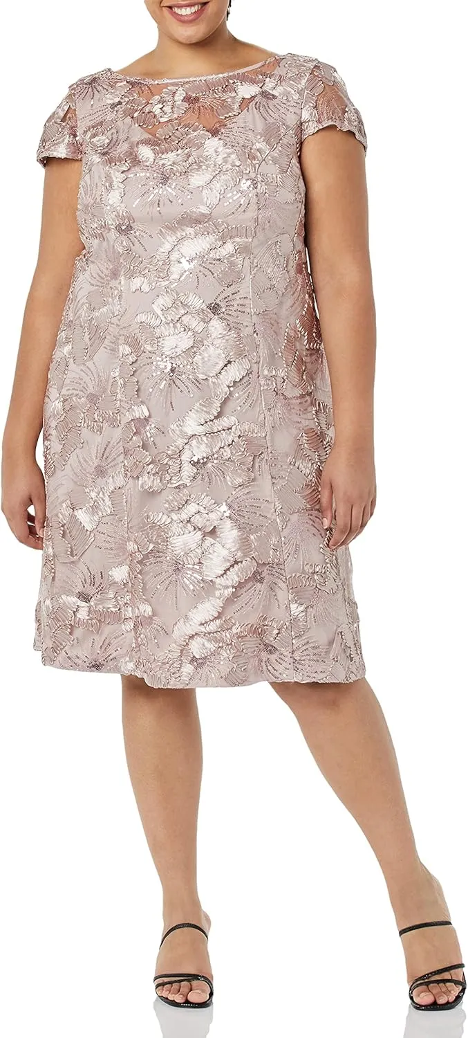 Alex Evenings Women's Plus Size Tea Length Dress with Rosette Detail