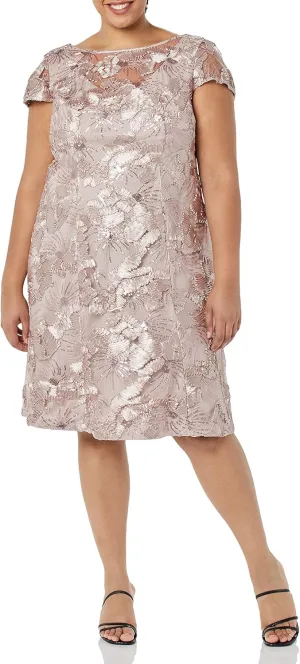 Alex Evenings Women's Plus Size Tea Length Dress with Rosette Detail