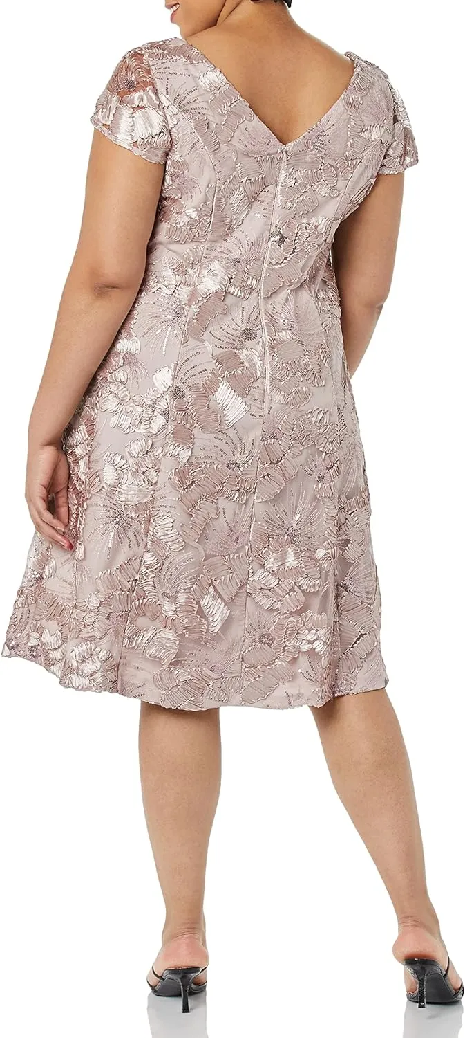 Alex Evenings Women's Plus Size Tea Length Dress with Rosette Detail