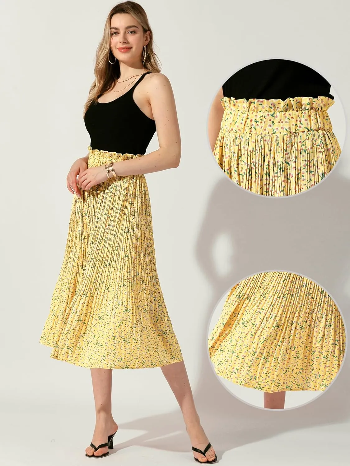 Allegra K Boho Skirt for Women's Casual Bohemian Floral Printed Elastic Waist A-Line Skirts with Pockets