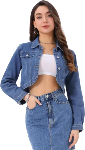 Allegra K Casual Denim Jacket for Women's Collared Button Down Long Sleeve Crop Jean Jackets