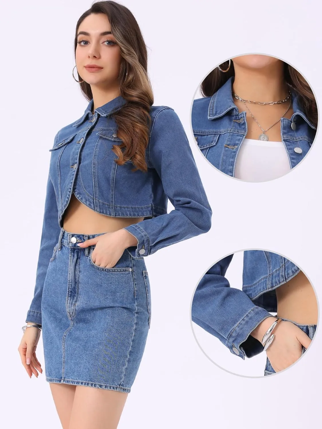 Allegra K Casual Denim Jacket for Women's Collared Button Down Long Sleeve Crop Jean Jackets