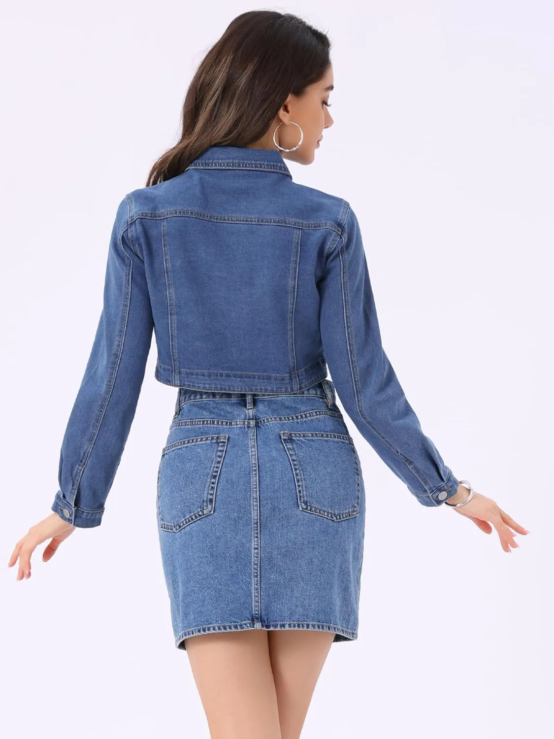 Allegra K Casual Denim Jacket for Women's Collared Button Down Long Sleeve Crop Jean Jackets