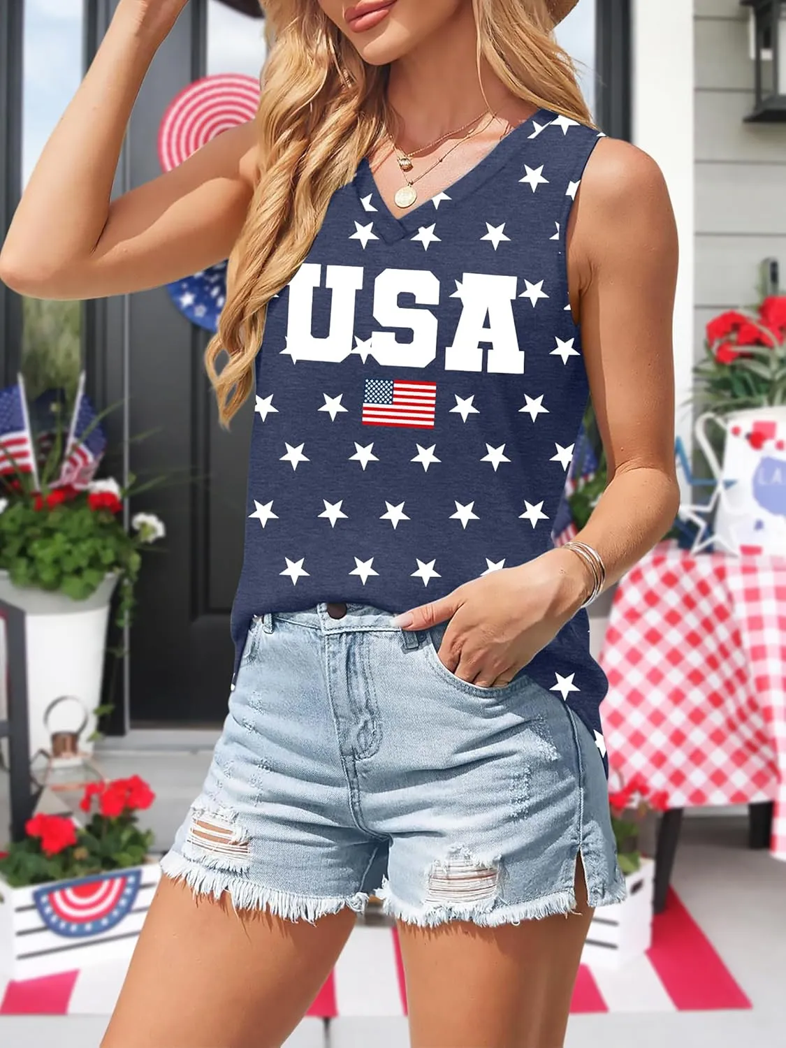 American Flag Tank Tops Women V Neck Patriotic Star Striped Shirt 4th of July Sequin Vest USA Girls Tee