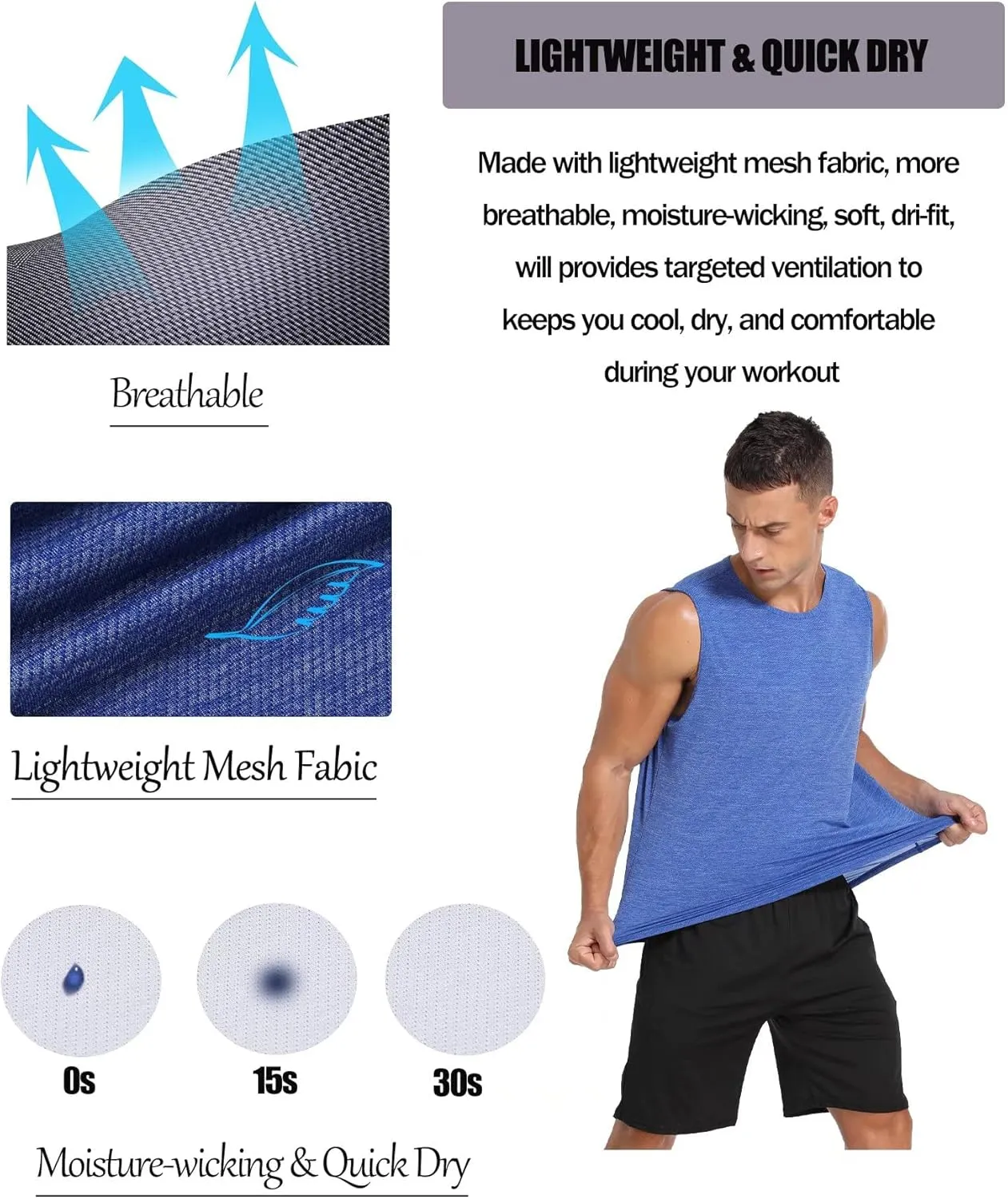 Amussiar Men's 3 Pack Workout Tank Tops Mesh Gym Sleeveless Dry Fit Bodybuilding Shirts Fitness Athletic Muscle Tee