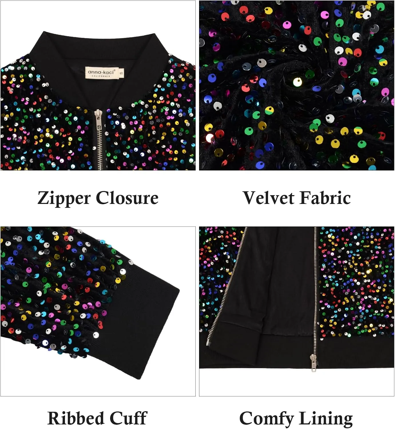 Anna-Kaci Women's Sparkly Sequin Jacket Glitter Long Sleeves Front Zip Up Bomber Jacket with Ribbed Cuffs