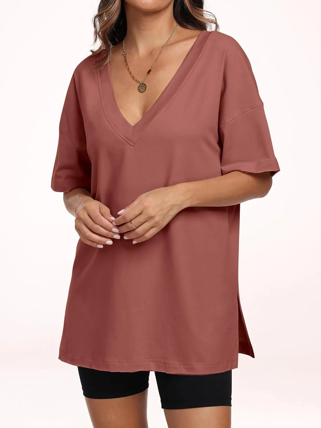 ANRABESS Women's Oversized T-Shirt Short Sleeve V Neck Loose Baggy Reversible Tops Casual Tee Shirts Summer Outfits 2025
