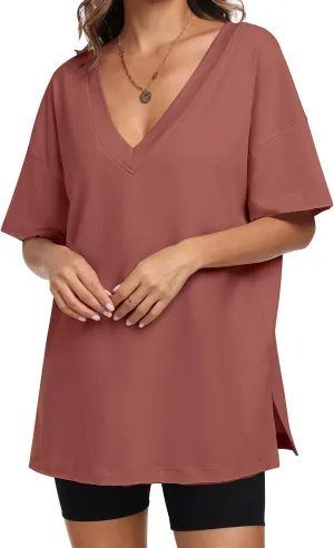 ANRABESS Women's Oversized T-Shirt Short Sleeve V Neck Loose Baggy Reversible Tops Casual Tee Shirts Summer Outfits 2025