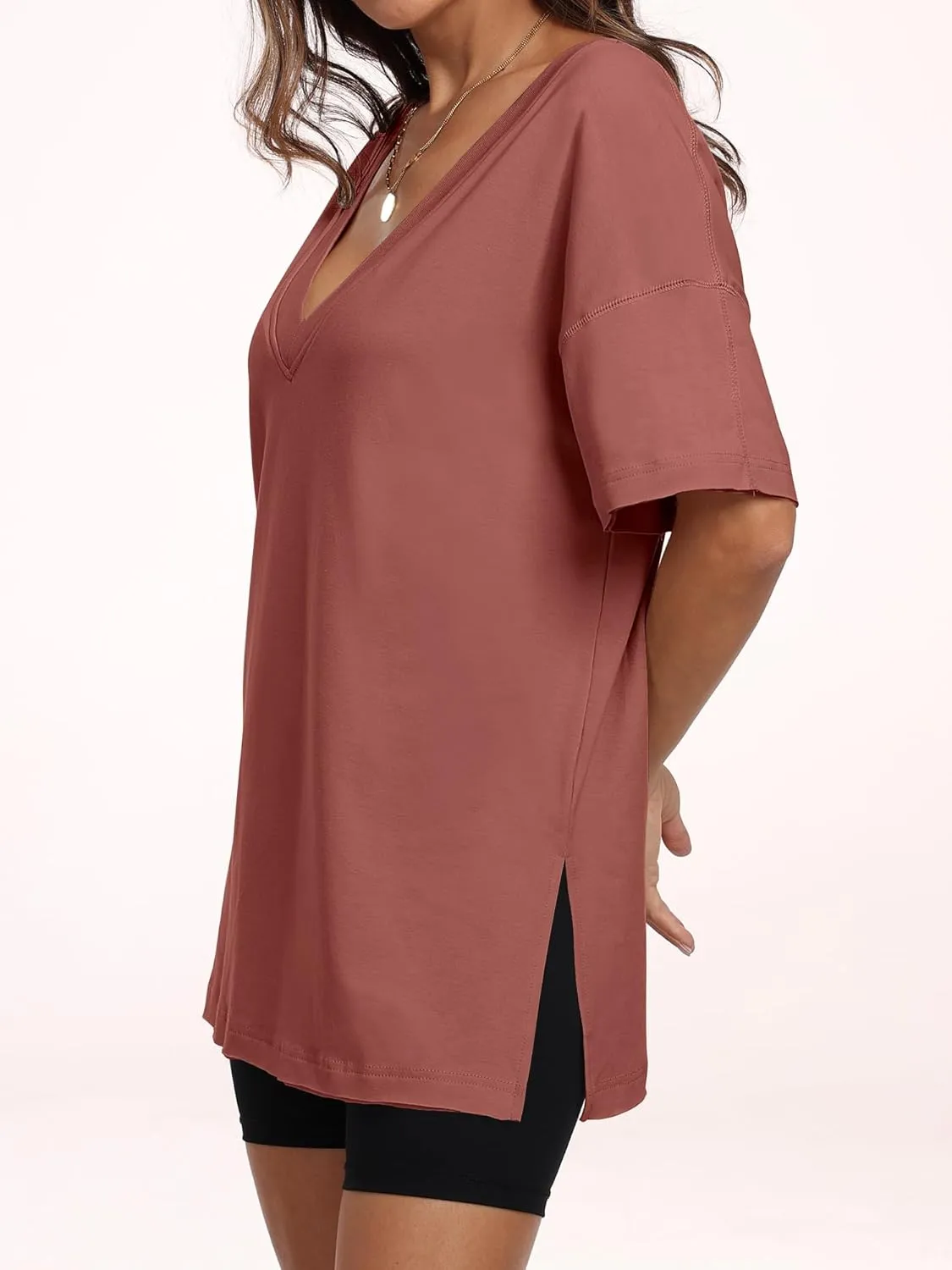 ANRABESS Women's Oversized T-Shirt Short Sleeve V Neck Loose Baggy Reversible Tops Casual Tee Shirts Summer Outfits 2025