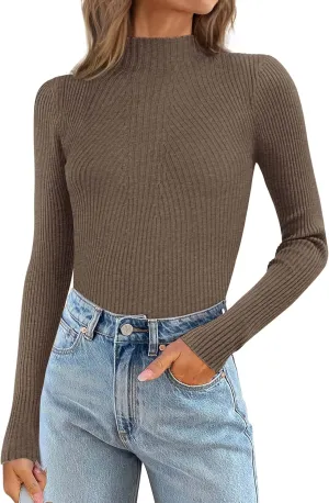 ATHMILE Women's 2025 Fall Long Sleeve Pullover Ribbed Knit Sweater Low Mock Neck Slim Fit Basic Casual Tee Tops