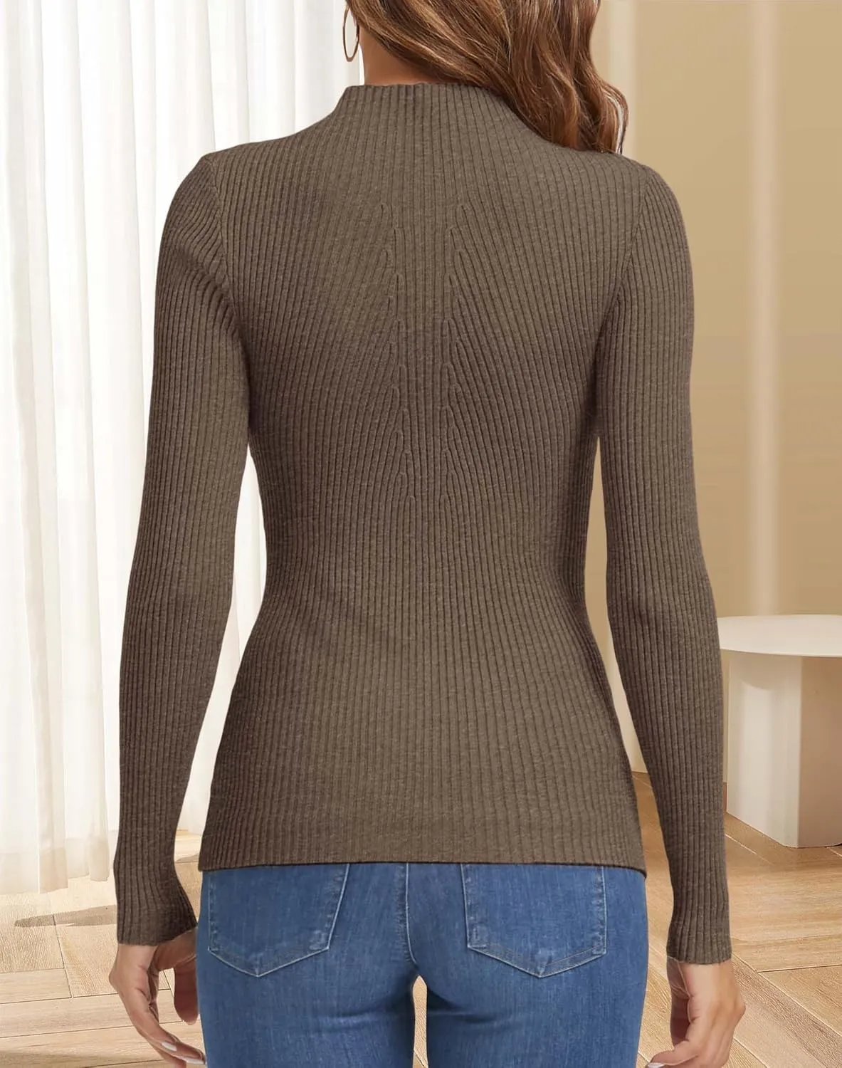 ATHMILE Women's 2025 Fall Long Sleeve Pullover Ribbed Knit Sweater Low Mock Neck Slim Fit Basic Casual Tee Tops