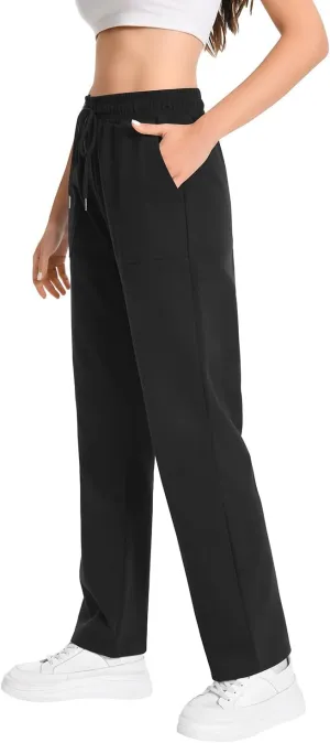 Auriviz Widen Waistband Sweat Pants for Women Exposed Pockets Lounge Sweatpants Straight Leg Pants 29 Inseam