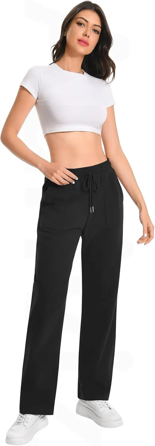 Auriviz Widen Waistband Sweat Pants for Women Exposed Pockets Lounge Sweatpants Straight Leg Pants 29 Inseam