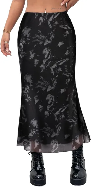 Avanova Women Ditsy Floral Bohemia Mesh Mermaid Skirt High Waist Summer Midi Skirts
