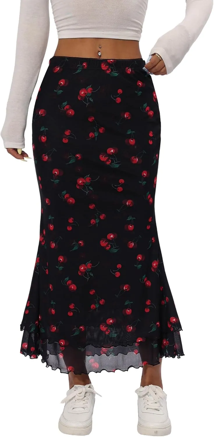 Avanova Women Mesh High Waist Midi Skirt Fishtail Bodycon Long Skirt