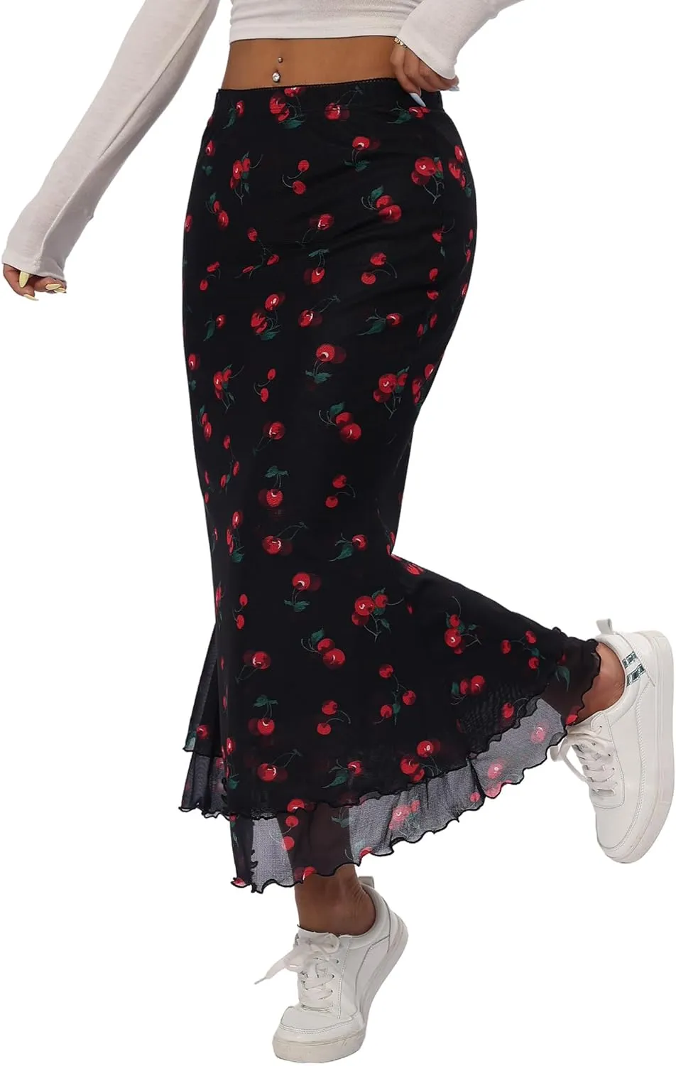 Avanova Women Mesh High Waist Midi Skirt Fishtail Bodycon Long Skirt