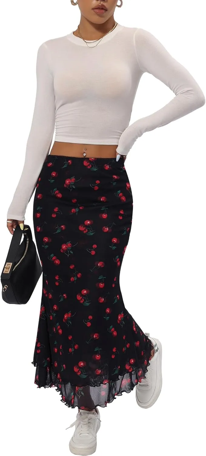 Avanova Women Mesh High Waist Midi Skirt Fishtail Bodycon Long Skirt