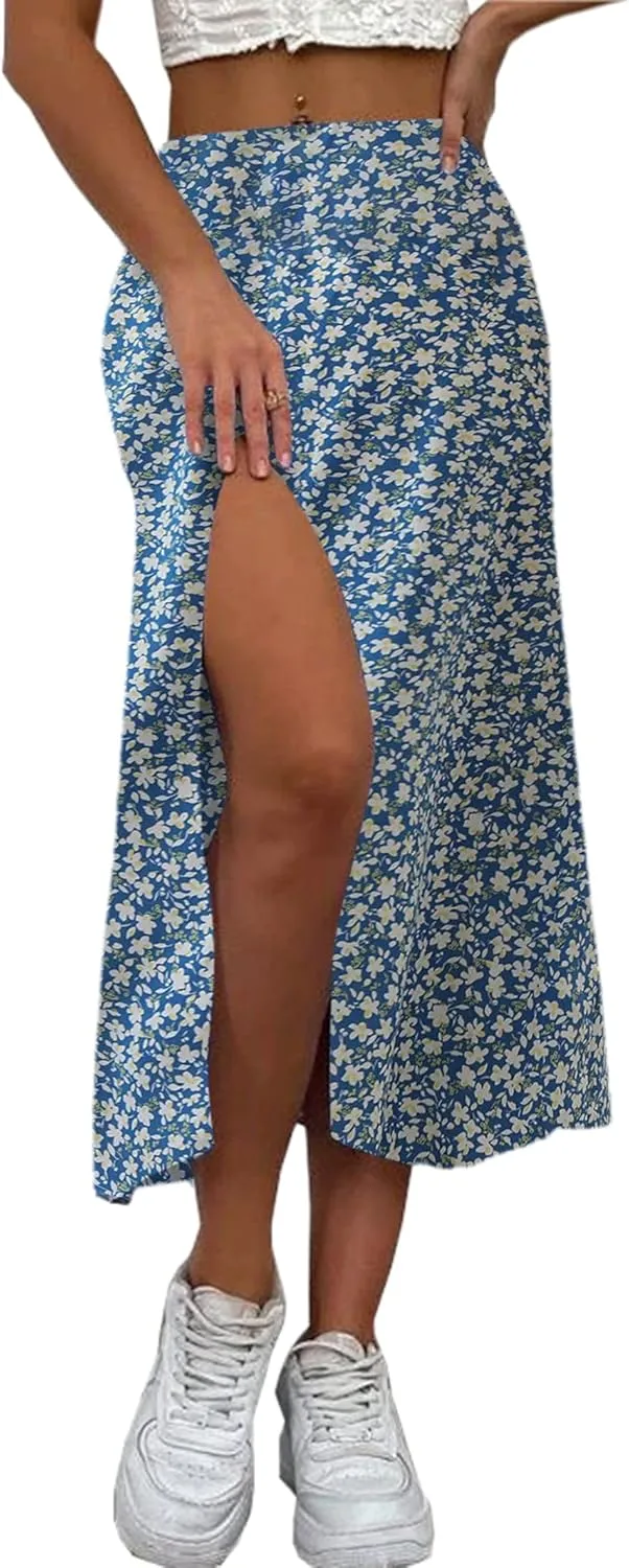 Avanova Women's Boho Leopard Print Thigh High Waist A Line Split Midi Skirt