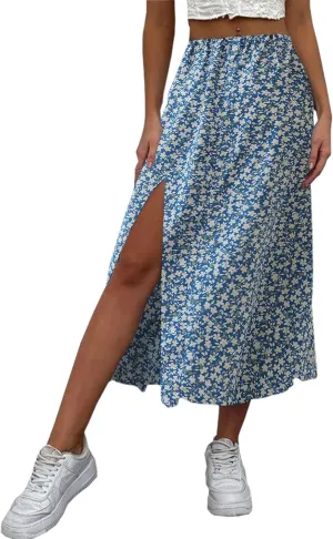 Avanova Women's Boho Leopard Print Thigh High Waist A Line Split Midi Skirt