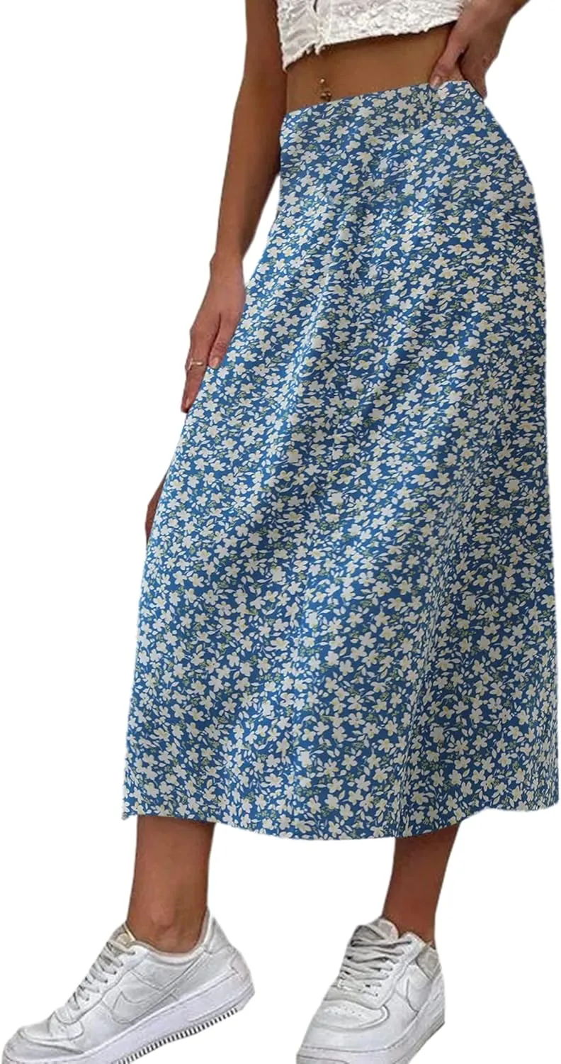 Avanova Women's Boho Leopard Print Thigh High Waist A Line Split Midi Skirt