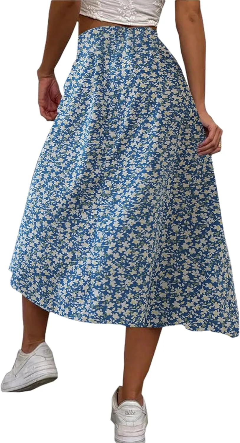 Avanova Women's Boho Leopard Print Thigh High Waist A Line Split Midi Skirt