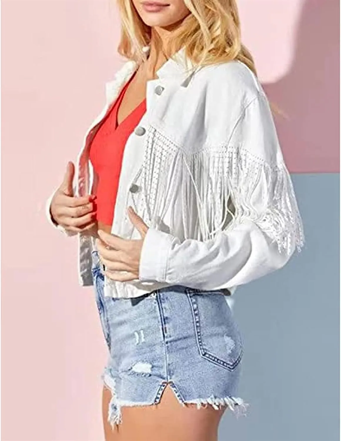 AYGJKIE Cropped Women's Fringe Denim Jacket Western Cowgirl Tassel Button Front Long Sleeves Blue Denim Jackets Coats