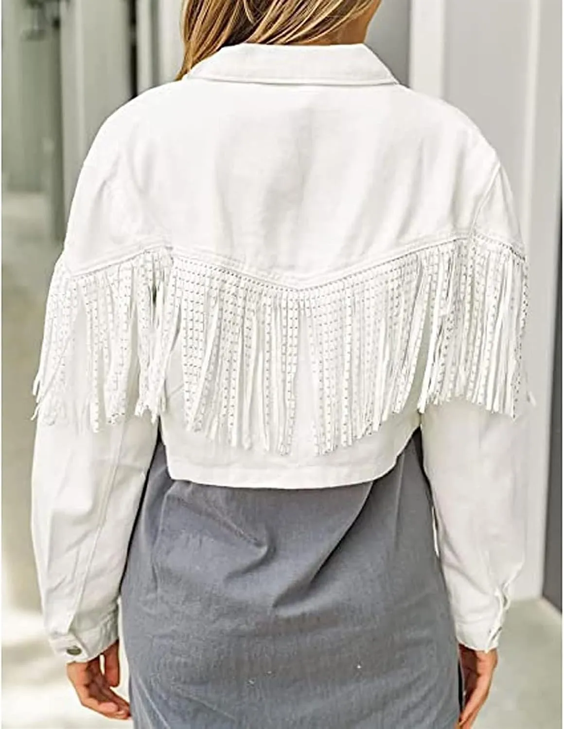 AYGJKIE Cropped Women's Fringe Denim Jacket Western Cowgirl Tassel Button Front Long Sleeves Blue Denim Jackets Coats