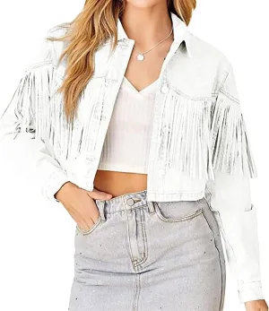 AYGJKIE Cropped Women's Fringe Denim Jacket Western Cowgirl Tassel Button Front Long Sleeves Blue Denim Jackets Coats
