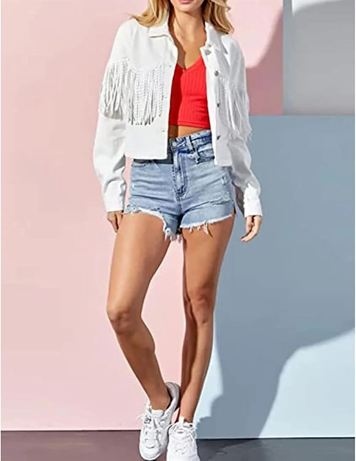 AYGJKIE Cropped Women's Fringe Denim Jacket Western Cowgirl Tassel Button Front Long Sleeves Blue Denim Jackets Coats