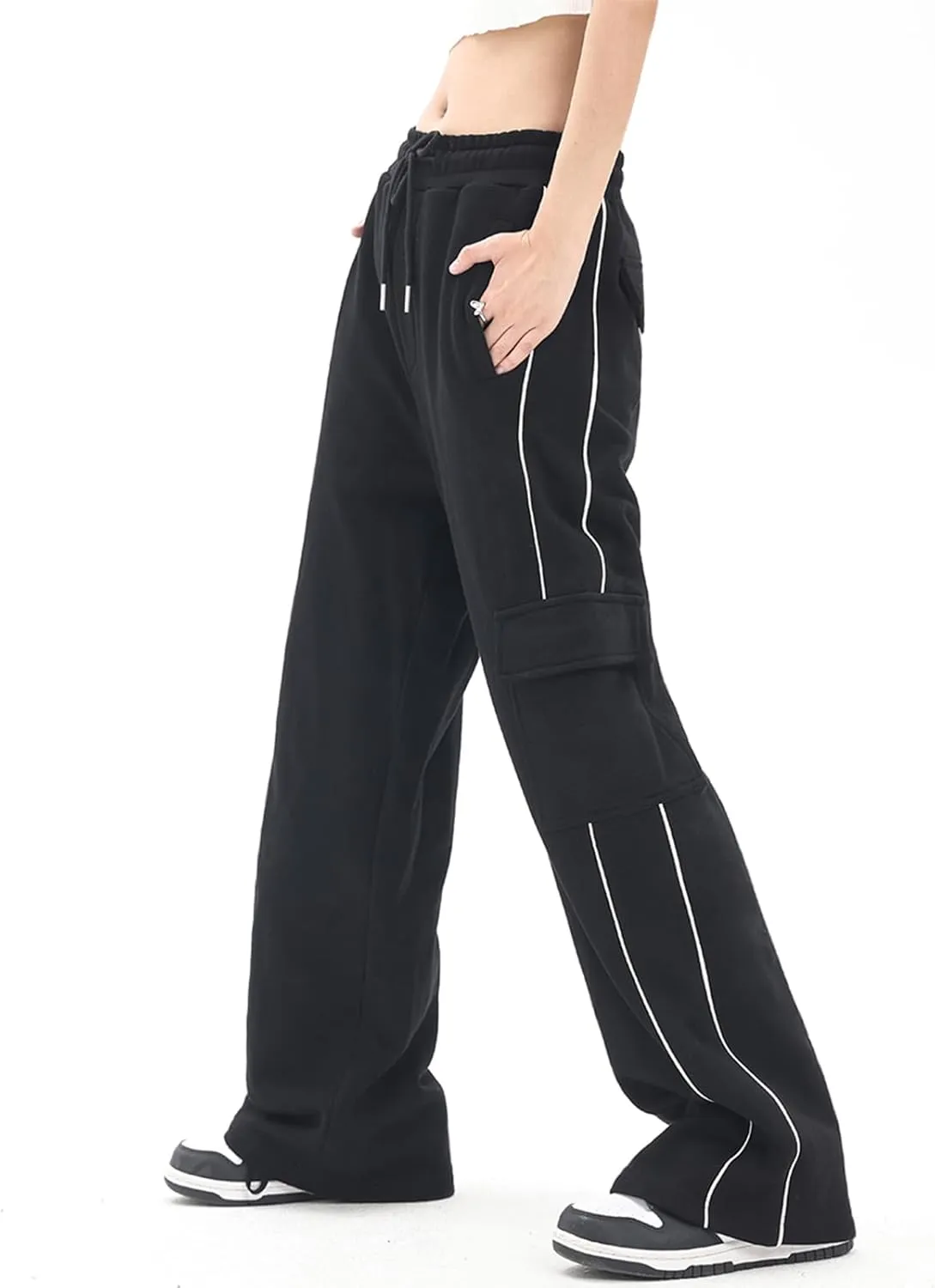 Baggy Cargo Pants for Women Elastic Waist Y2K Parachute Track Pants Trendy Casual Sports Wide Leg with Pockets