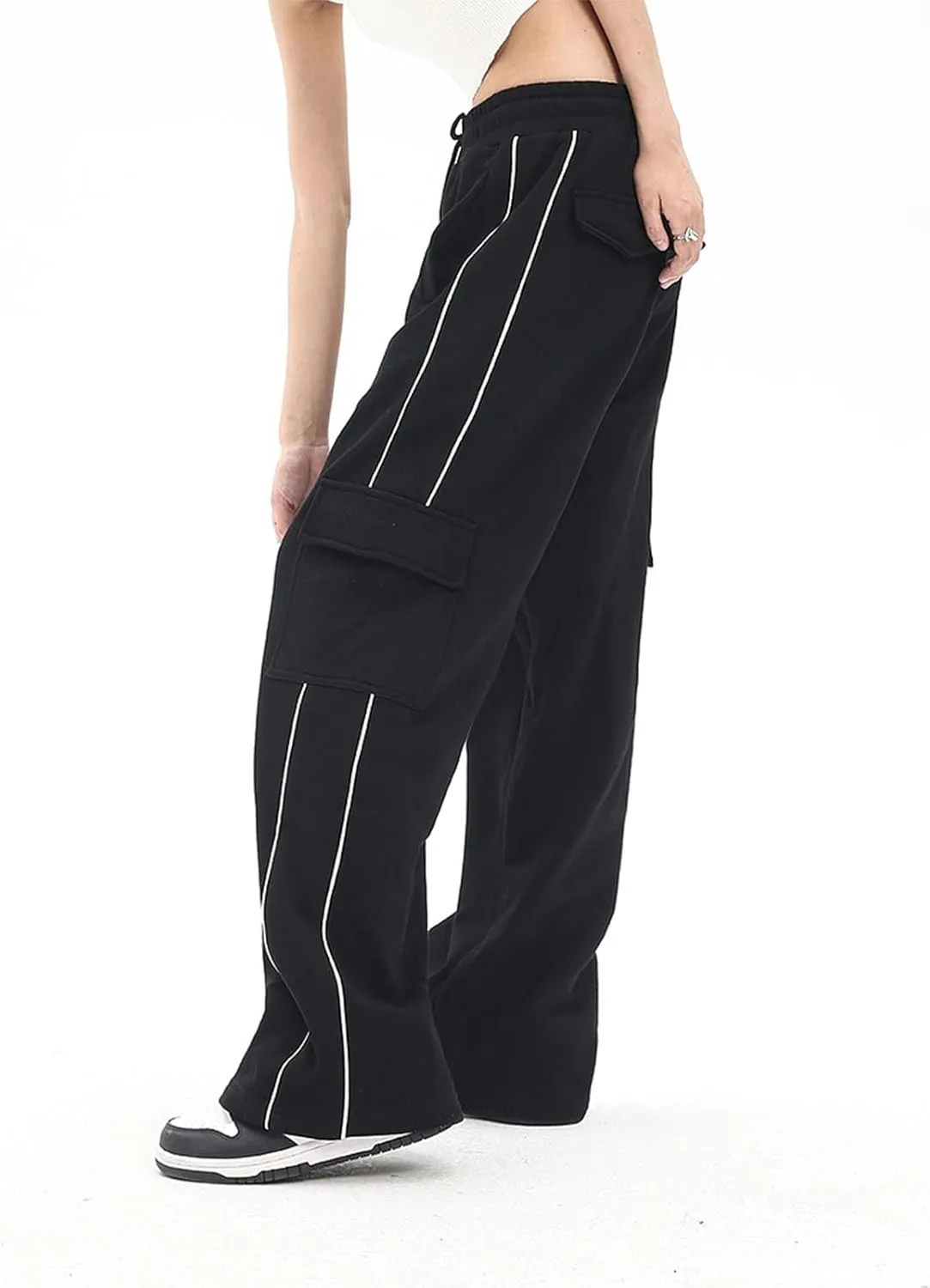 Baggy Cargo Pants for Women Elastic Waist Y2K Parachute Track Pants Trendy Casual Sports Wide Leg with Pockets