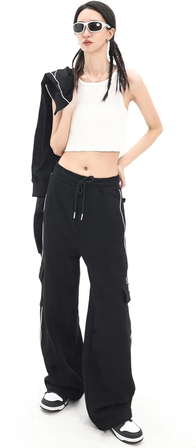 Baggy Cargo Pants for Women Elastic Waist Y2K Parachute Track Pants Trendy Casual Sports Wide Leg with Pockets