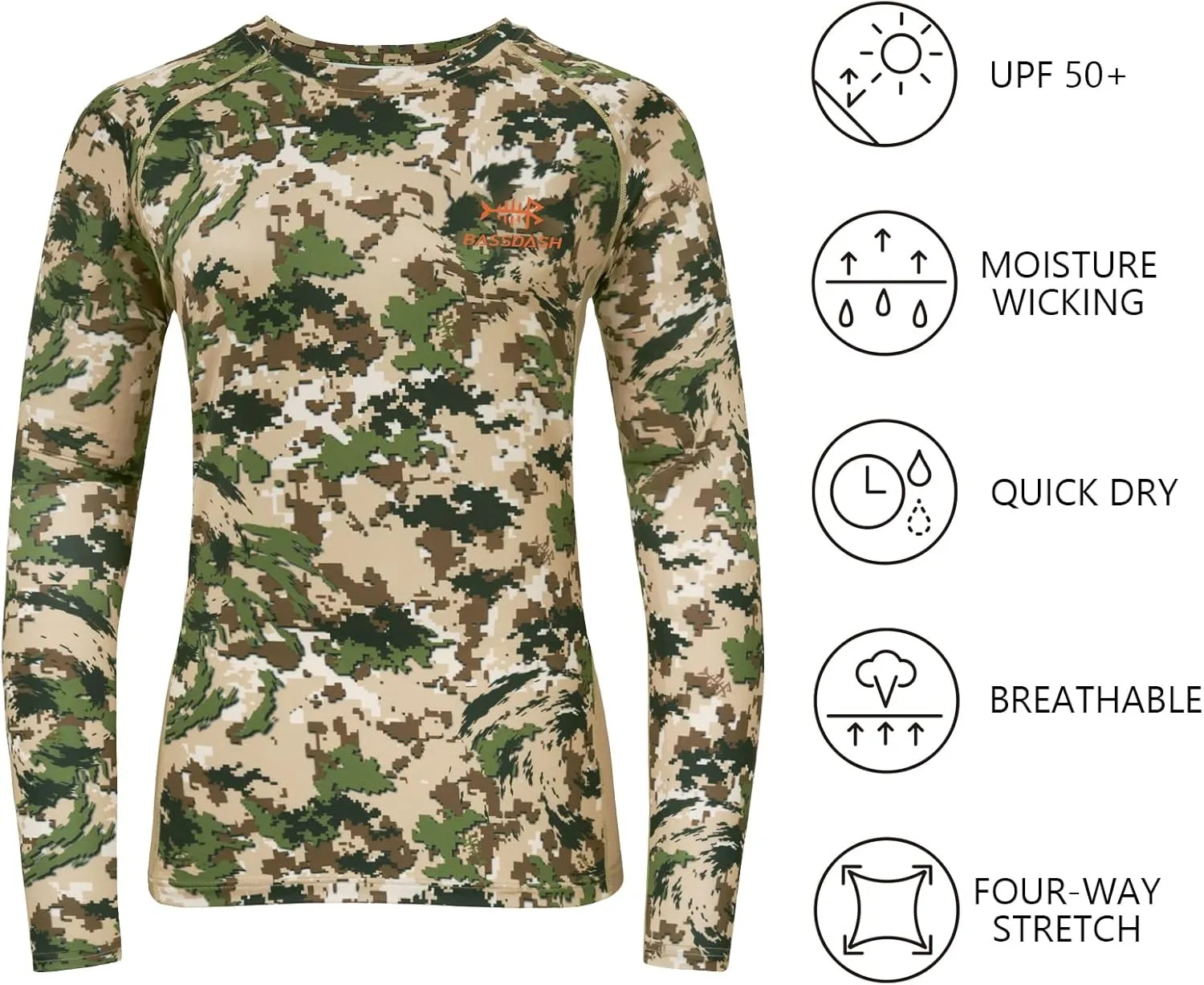 BASSDASH Womens Camo Hunting Shirt Long Sleeve UPF 50  Sun Protection Performance Tee Fishing Hiking