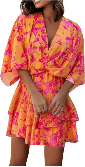 BAXLIMEK Beach Dresses for Women,2025 Elegant Deep V Neck Batwing Sleeve Mini Dress Flowy Ruched Tiered Print Vacation Dress