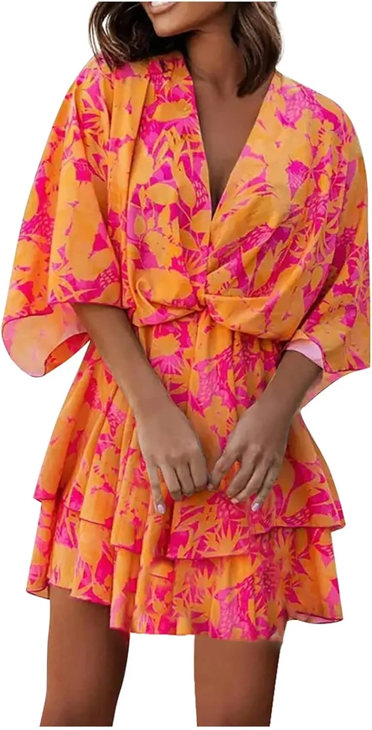 BAXLIMEK Beach Dresses for Women,2025 Elegant Deep V Neck Batwing Sleeve Mini Dress Flowy Ruched Tiered Print Vacation Dress